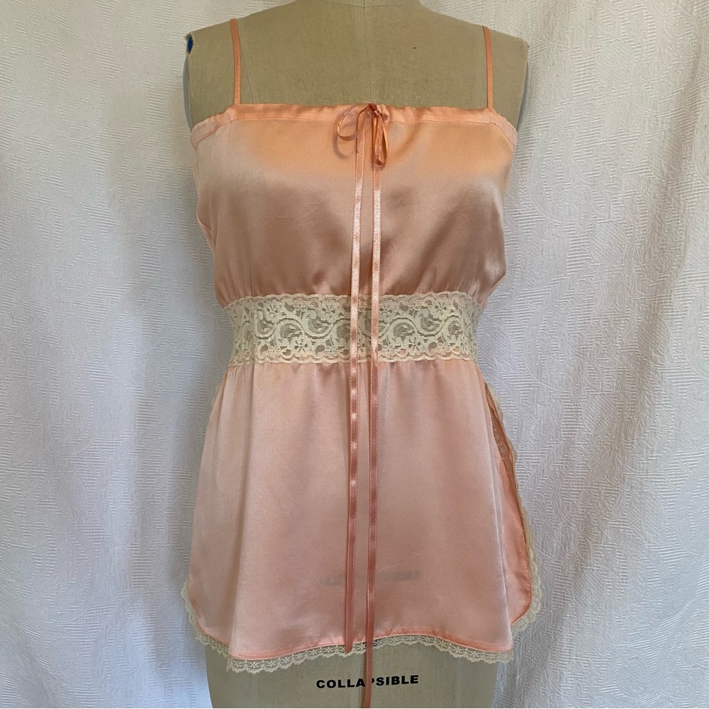 Pure silk S/M peach with ivory trim extra long camisole.
